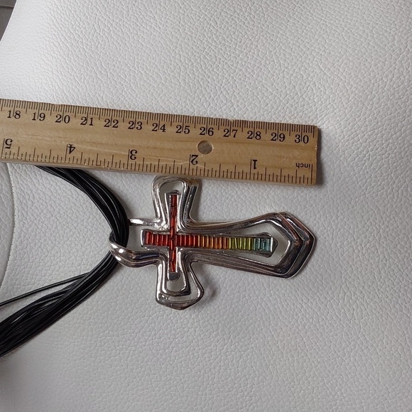 Colorful Cross Pendant Necklace on Multi-Strand Black Cord - Picture 9 of 10